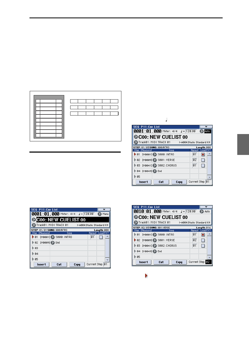 Creating and playing a cue list, Creating a cue list | KORG M3 User Manual | Page 109 / 237