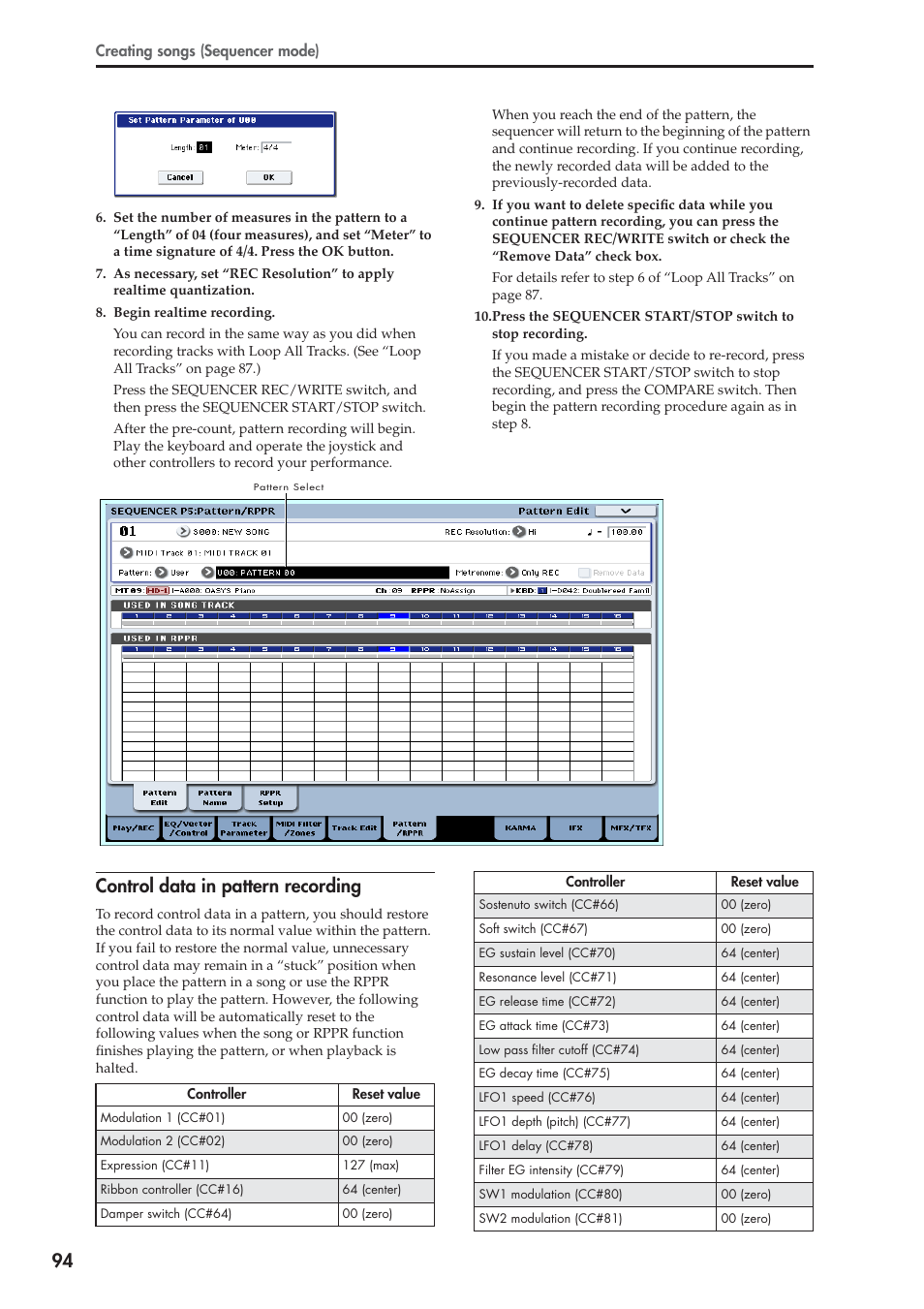 Control data in pattern recording | KORG OASYS musical instruments User Manual | Page 102 / 241