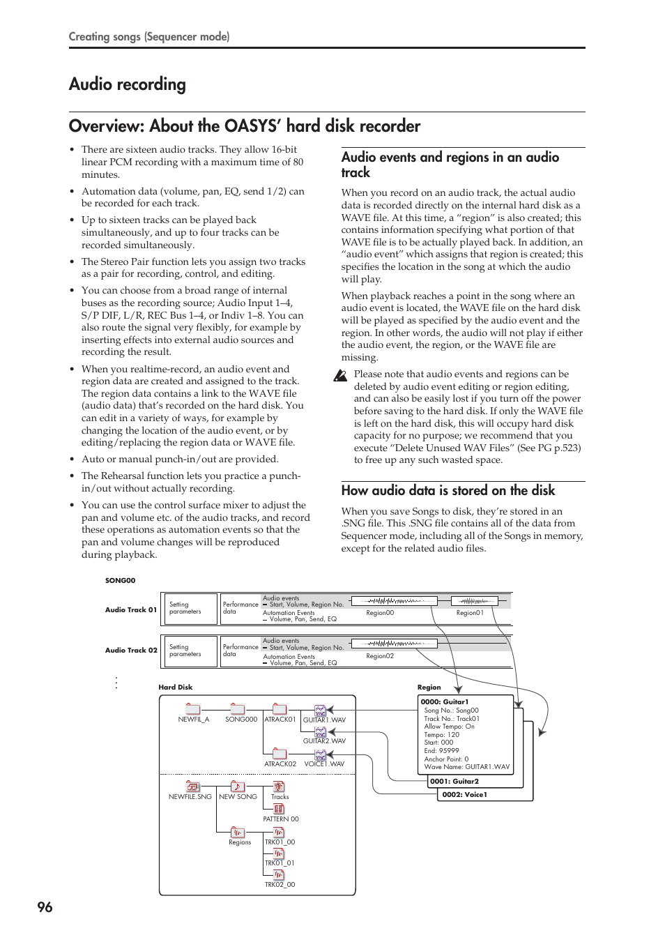 Audio recording, Overview: about the oasys’ hard disk recorder, Audio events and regions in an audio track | How audio data is stored on the disk, Creating songs (sequencer mode) | KORG OASYS musical instruments User Manual | Page 104 / 241