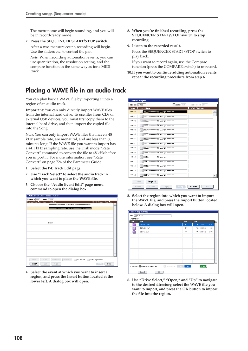 Placing a wave file in an audio track | KORG OASYS musical instruments User Manual | Page 116 / 241