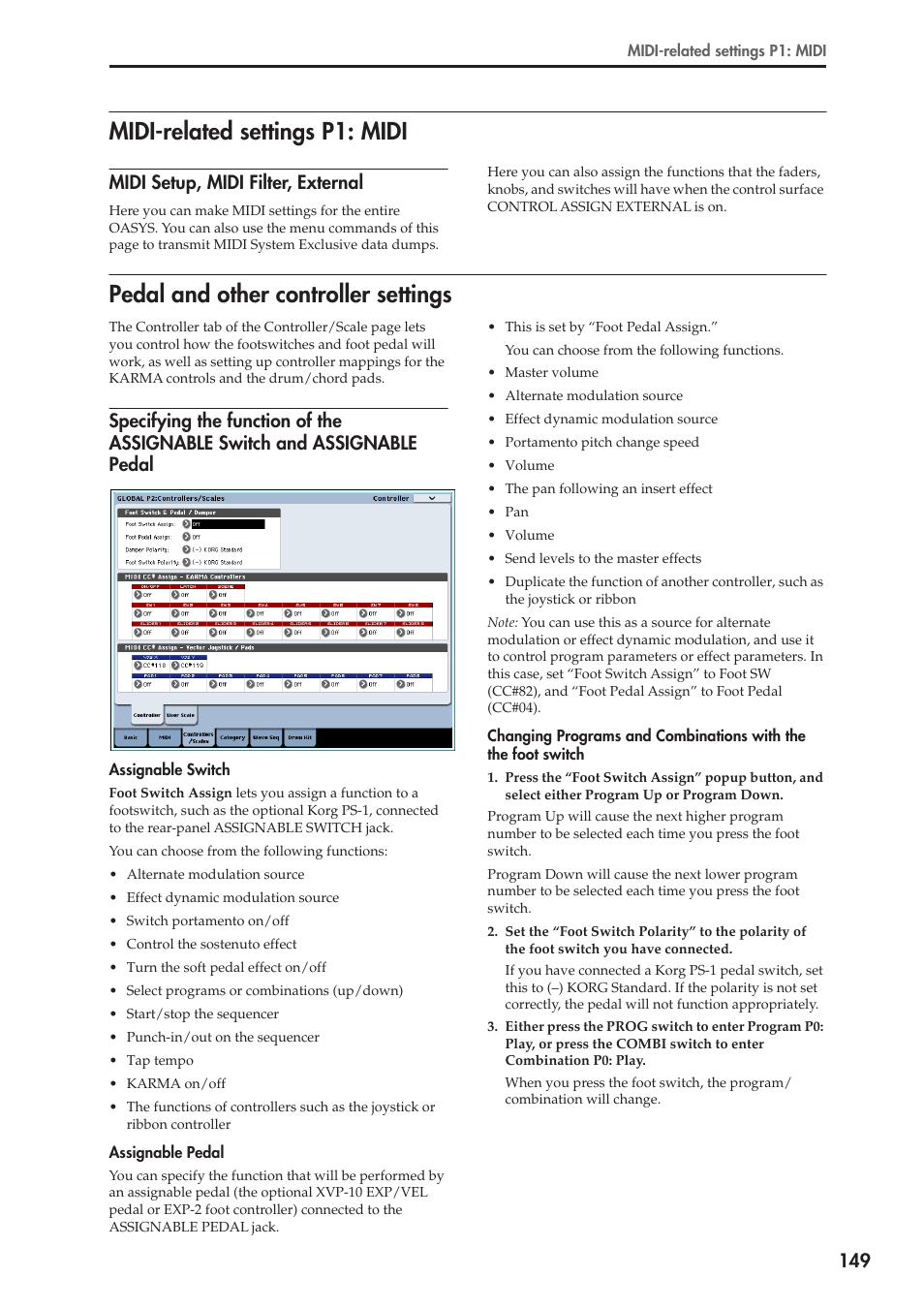 Midi-related settings p1: midi, Pedal and other controller settings, Midi setup, midi filter, external | KORG OASYS musical instruments User Manual | Page 157 / 241