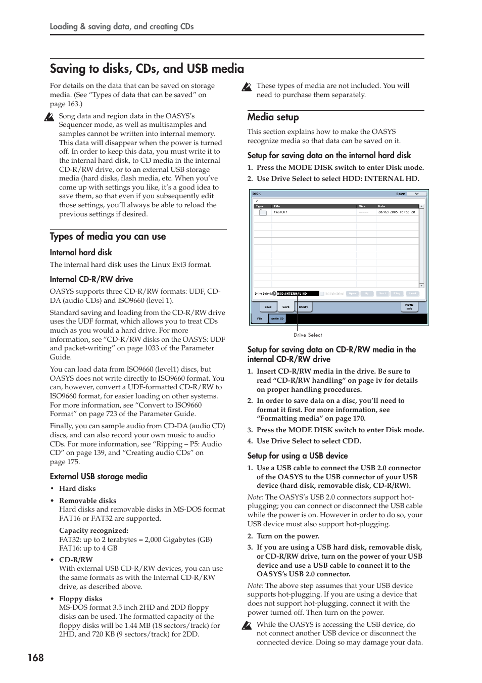 Saving to disks, cds, and usb media, Types of media you can use, Media setup | KORG OASYS musical instruments User Manual | Page 176 / 241