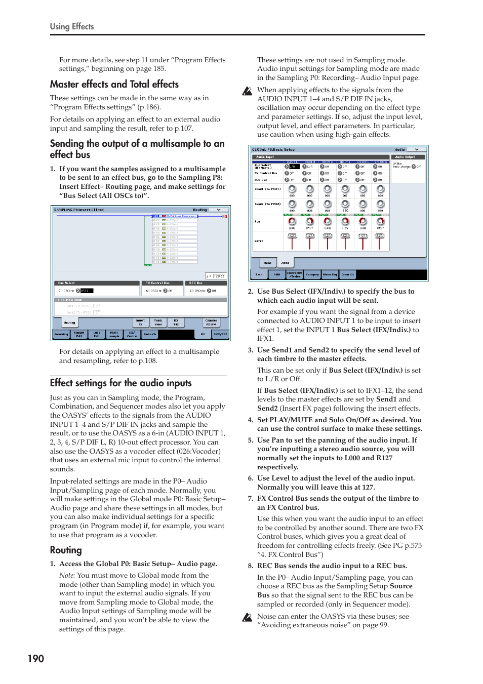 Master effects and total effects, Effect settings for the audio inputs, Routing | KORG OASYS musical instruments User Manual | Page 198 / 241