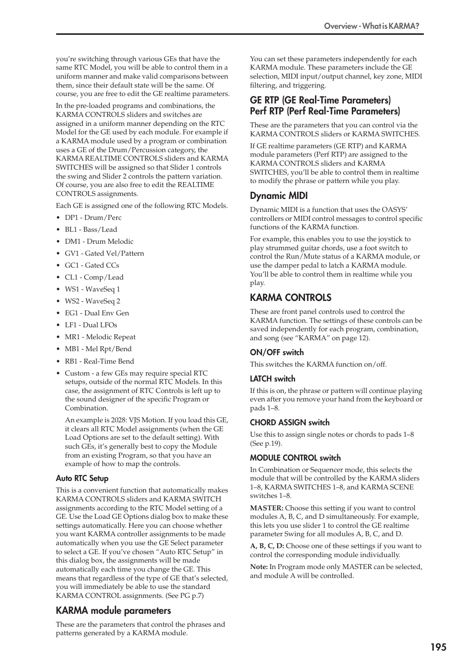 Karma module parameters, Dynamic midi, Karma controls | KORG OASYS musical instruments User Manual | Page 203 / 241