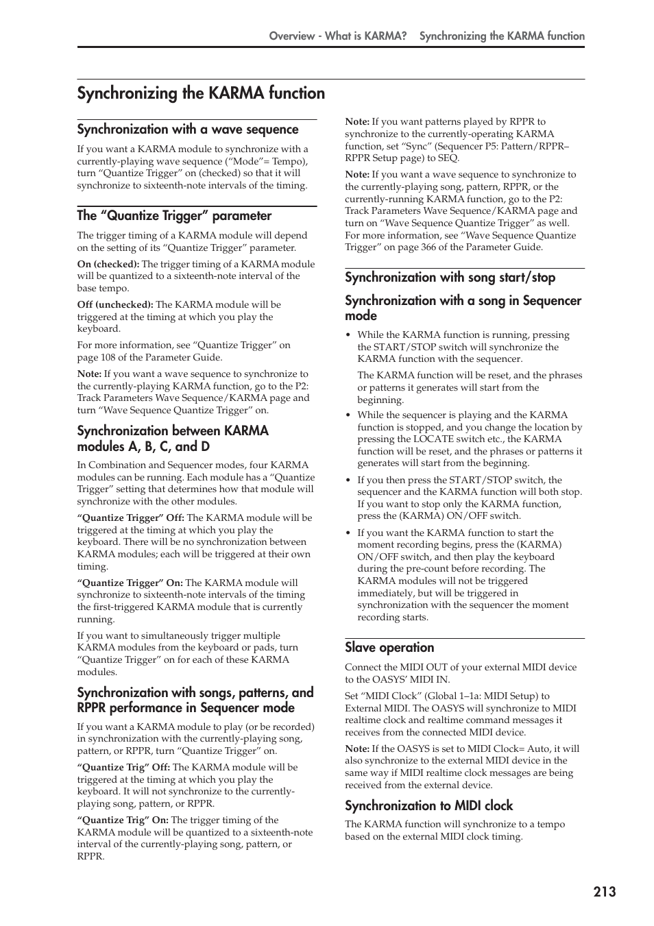 Synchronizing the karma function, Synchronization with a wave sequence, The “quantize trigger” parameter | Slave operation, Synchronization to midi clock | KORG OASYS musical instruments User Manual | Page 221 / 241