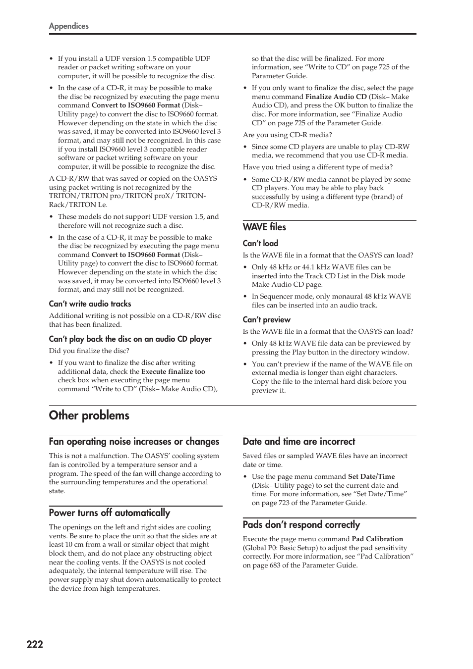 Other problems, Wave files, Fan operating noise increases or changes | Power turns off automatically, Date and time are incorrect, Pads don’t respond correctly | KORG OASYS musical instruments User Manual | Page 230 / 241