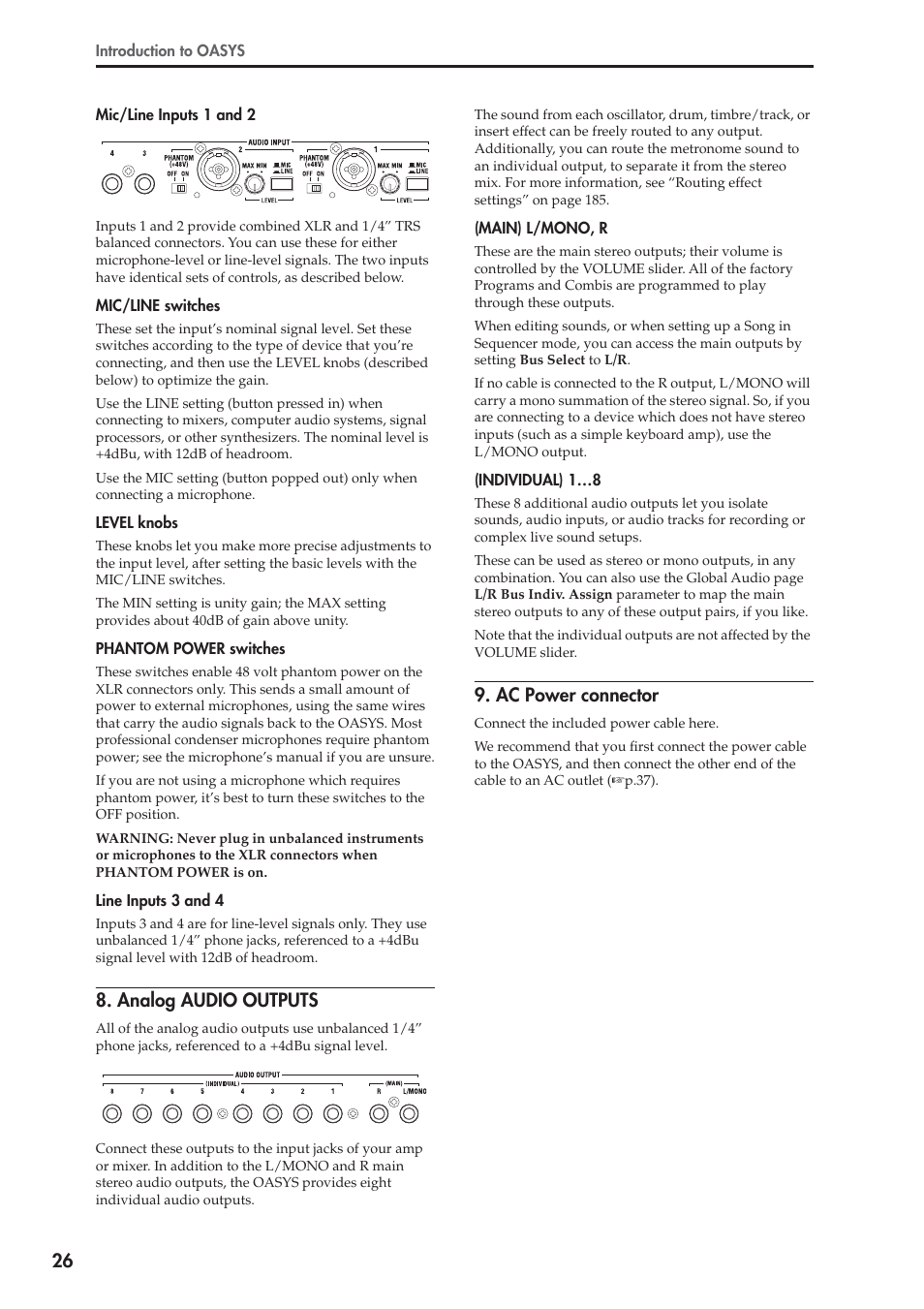 Analog audio outputs, Ac power connector | KORG OASYS musical instruments User Manual | Page 34 / 241