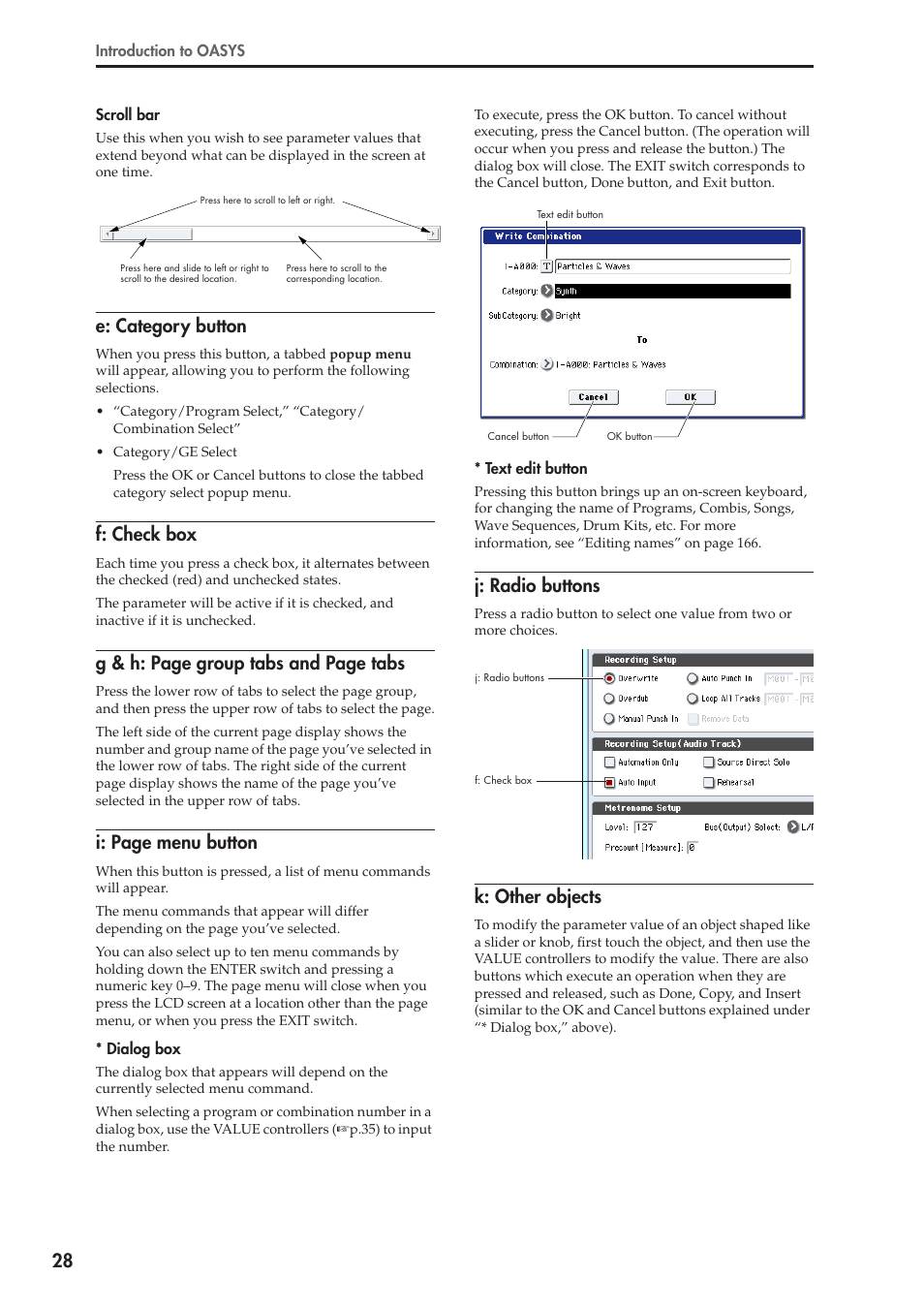 E: category button, F: check box, G & h: page group tabs and page tabs | I: page menu button, J: radio buttons, K: other objects | KORG OASYS musical instruments User Manual | Page 36 / 241