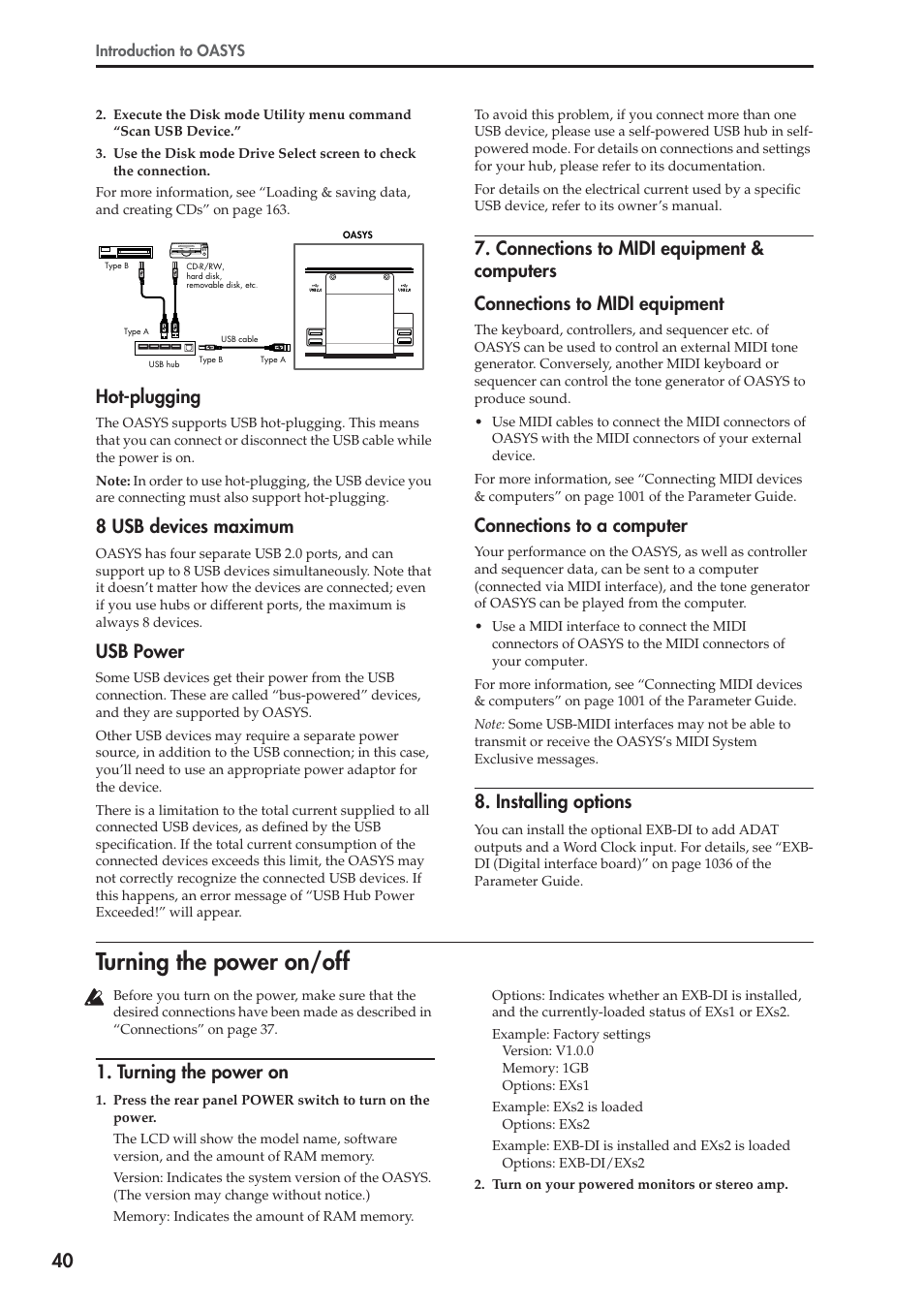 Turning the power on/off, Hot-plugging, 8 usb devices maximum | Usb power, Connections to a computer, Installing options, Turning the power on | KORG OASYS musical instruments User Manual | Page 48 / 241