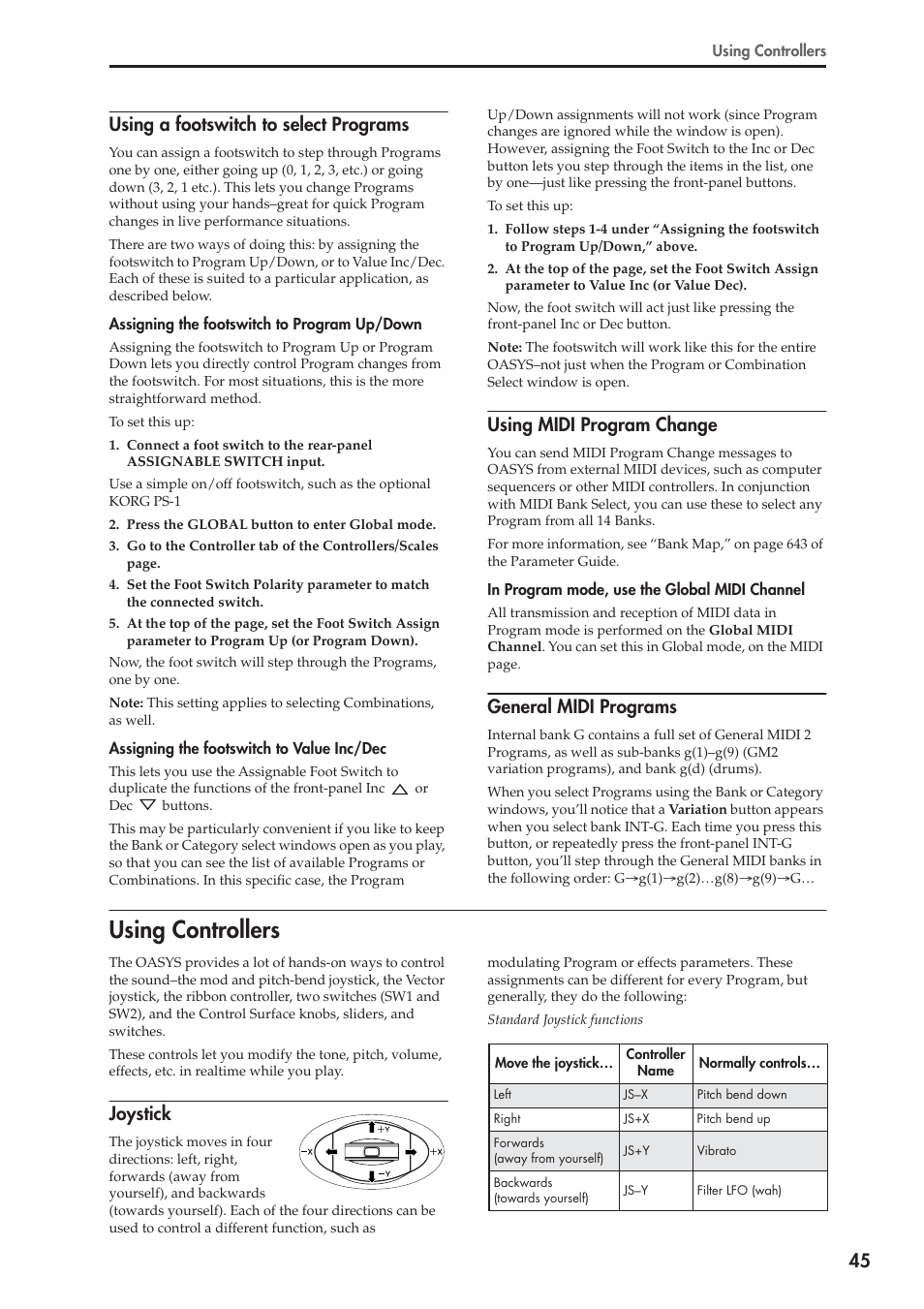 Using controllers, 45 using a footswitch to select programs, Using midi program change | General midi programs, Joystick | KORG OASYS musical instruments User Manual | Page 53 / 241