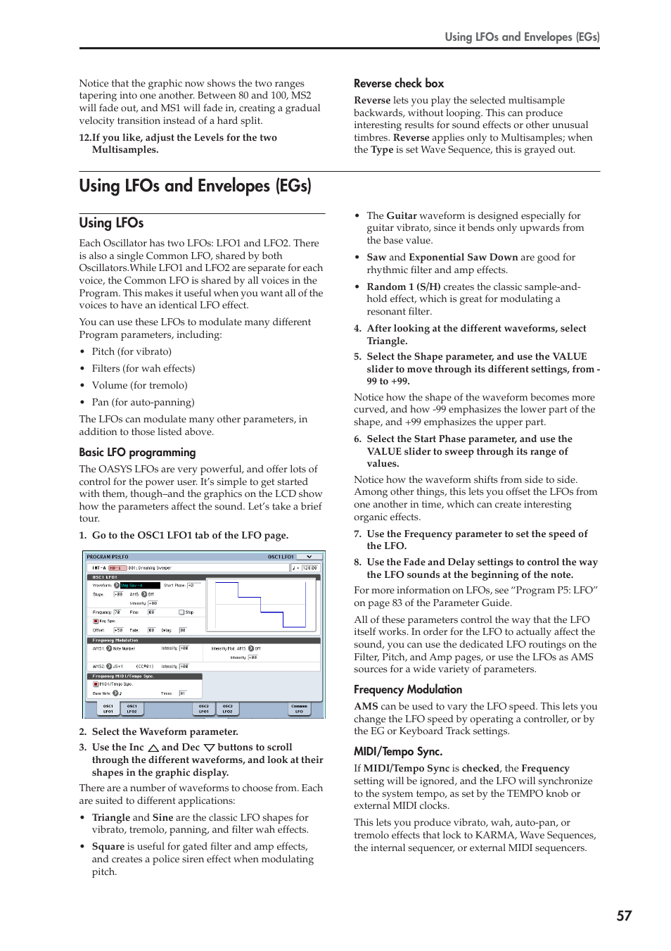 Using lfos and envelopes (egs), Using lfos | KORG OASYS musical instruments User Manual | Page 65 / 241