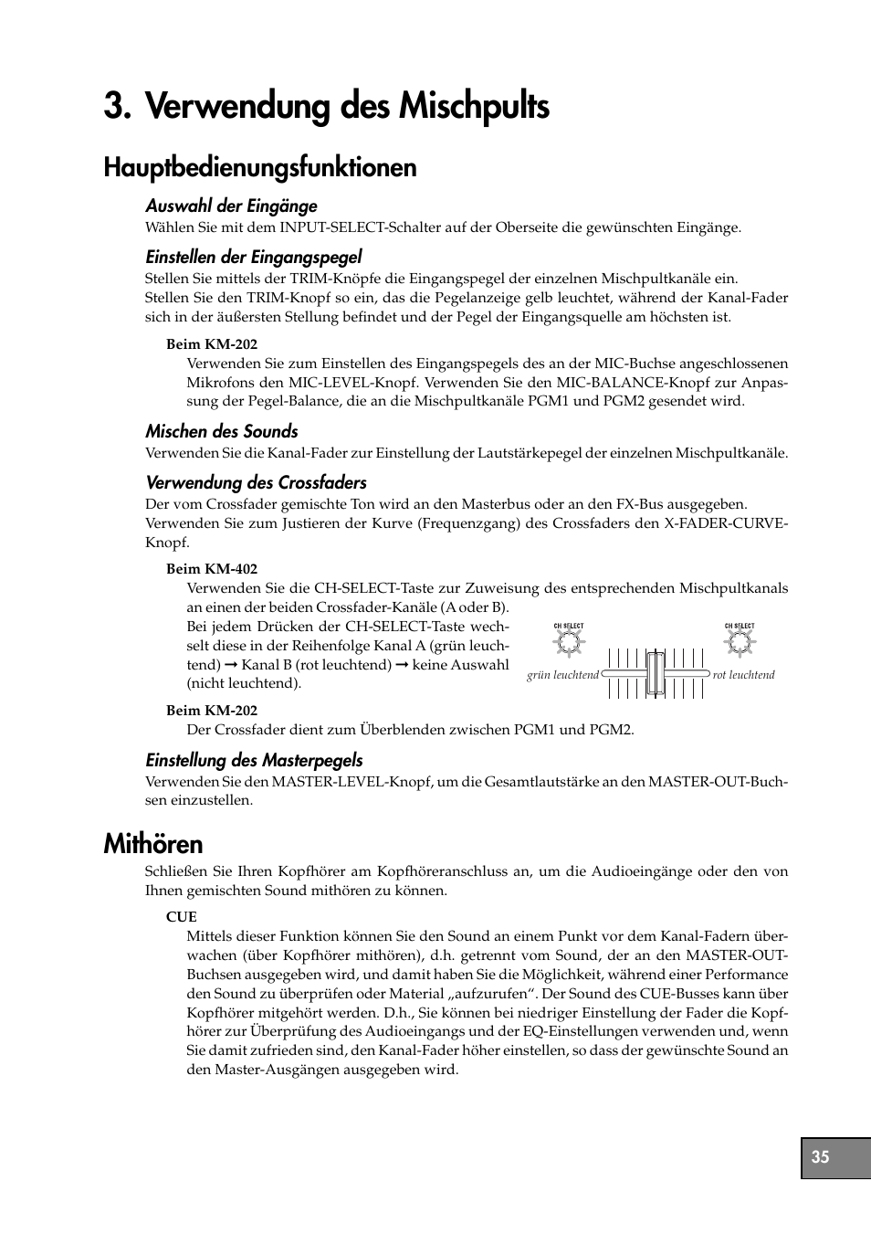 Verwendung des mischpults, Hauptbedienungsfunktionen, Mithören | Hauptbedienungsfunktionen mithören | KORG KM-202 User Manual | Page 35 / 46