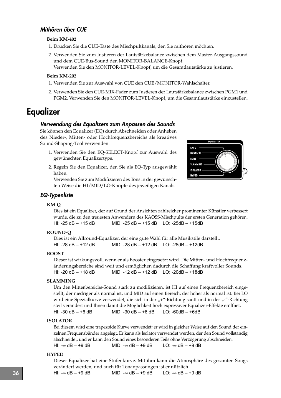 Equalizer, Verwendung des kaoss pad | KORG KM-202 User Manual | Page 36 / 46