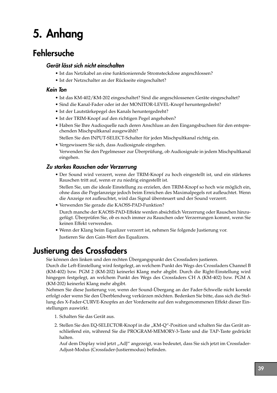 Anhang, Fehlersuche, Justierung des crossfaders | Fehlersuche justierung des crossfaders | KORG KM-202 User Manual | Page 39 / 46