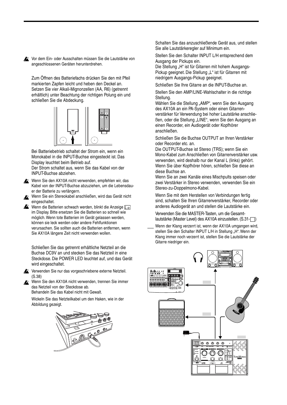 Setup, Ein- und ausschalten, Anschlüsse | KORG AX10A User Manual | Page 31 / 39