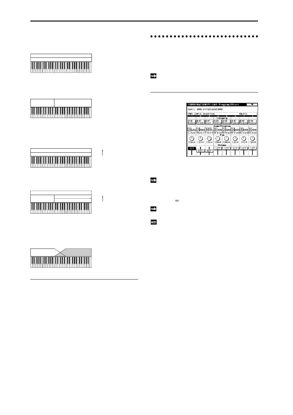 Timbre 1–8 program, pan and volume, P1: edit-program/mixer, The compare function | Edit-program/mixer page, Layer, Split, Velocity switch, Category, program select (bank/program), Volume | KORG TRITON Extreme music workstation/sampler User Manual | Page 38 / 148