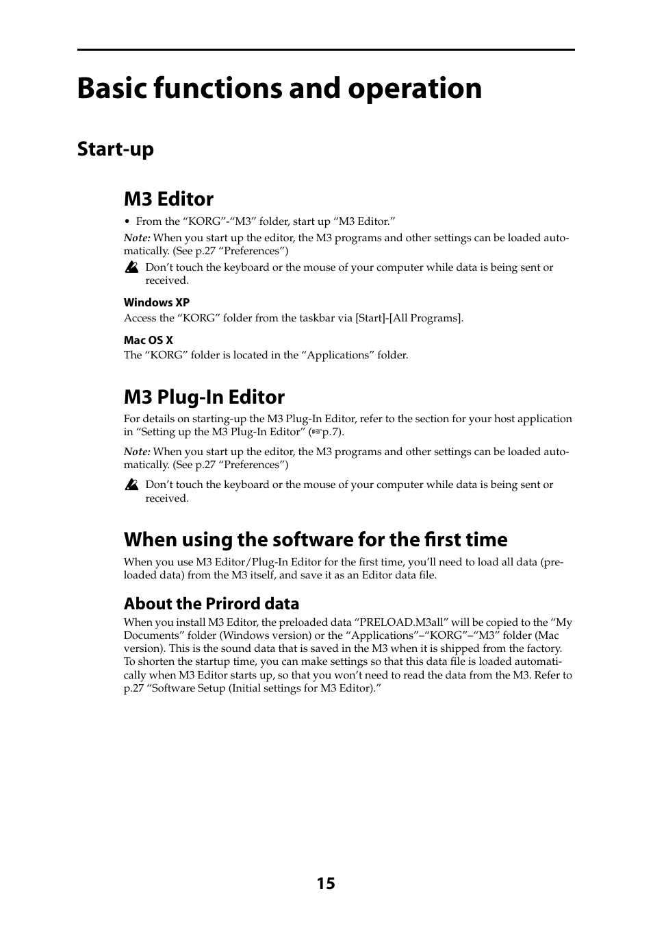 Basic functions and operation, Start-up, M3 editor | M3 plug-in editor, When using the software for the first time, Start-up m3 editor, About the prirord data | KORG M3 User Manual | Page 17 / 32