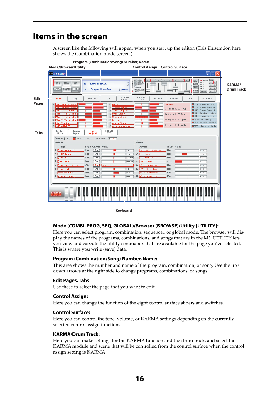 Items in the screen | KORG M3 User Manual | Page 18 / 32