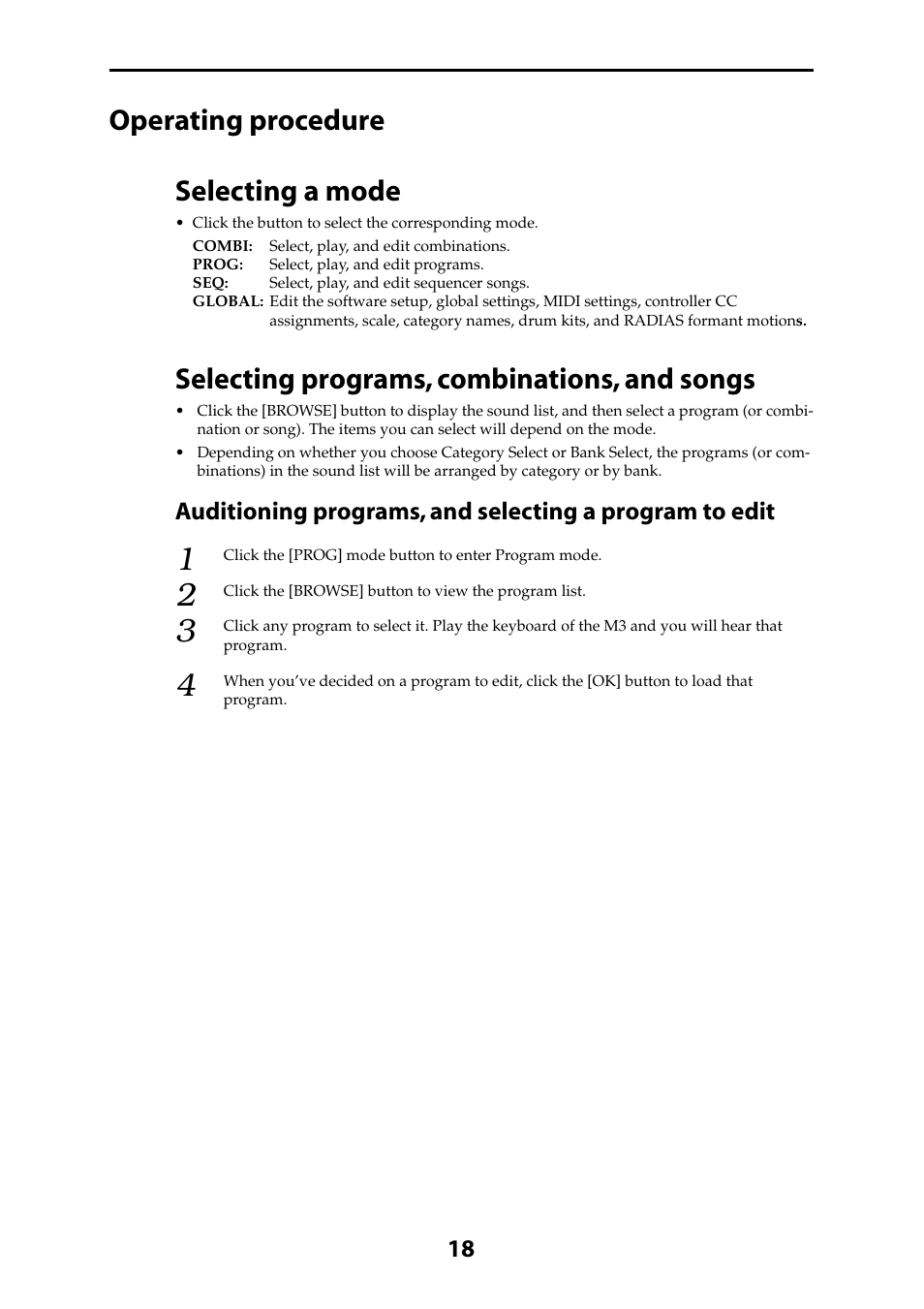 Operating procedure, Selecting a mode, Selecting programs, combinations, and songs | Operating procedure selecting a mode | KORG M3 User Manual | Page 20 / 32