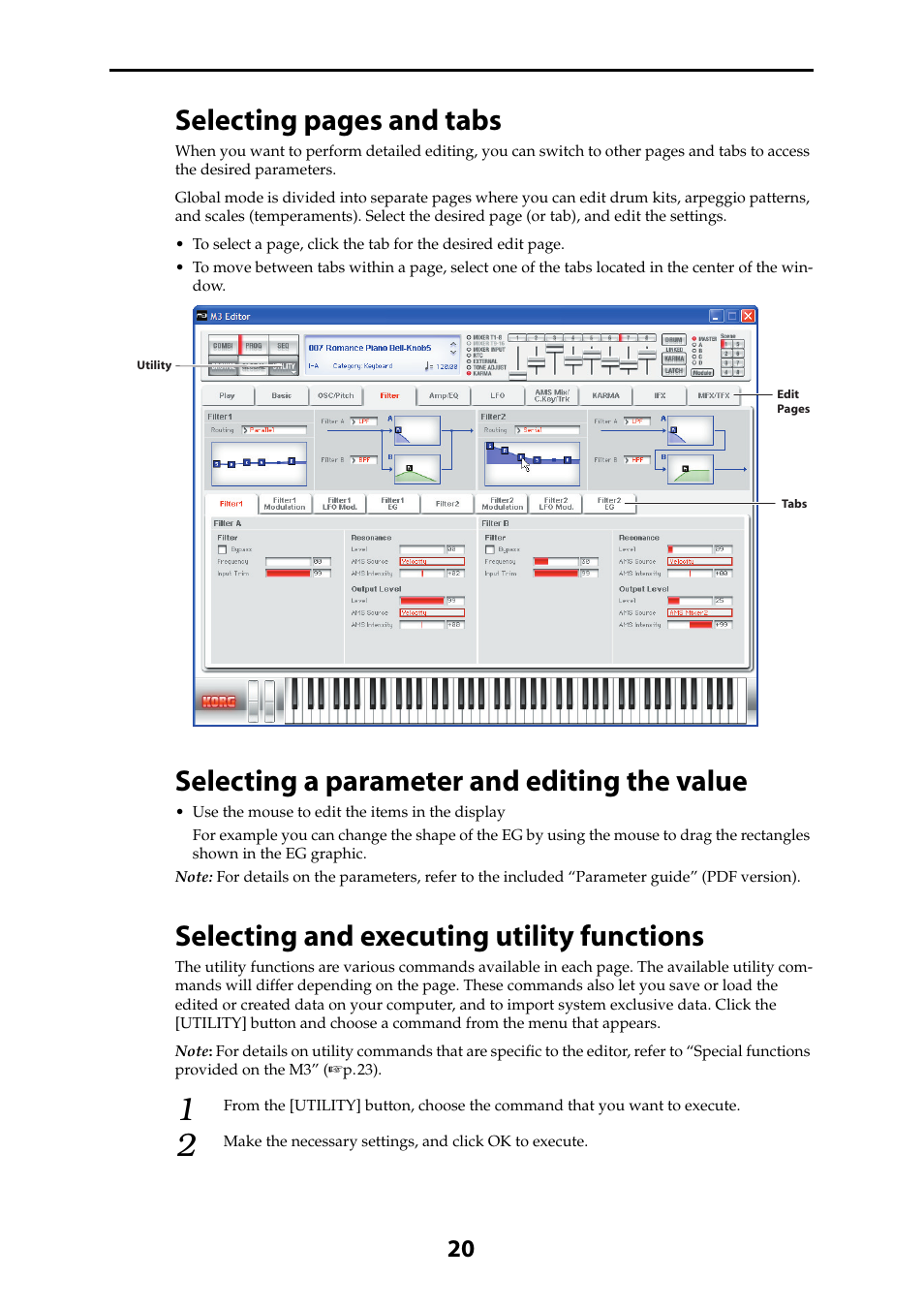 Selecting a parameter and editing the value, Selecting and executing utility functions, Selecting pages and tabs | KORG M3 User Manual | Page 22 / 32