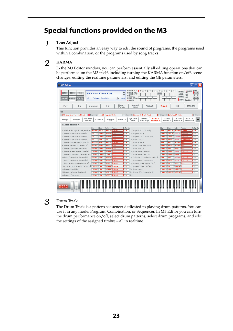 Special functions provided on the m3 | KORG M3 User Manual | Page 25 / 32