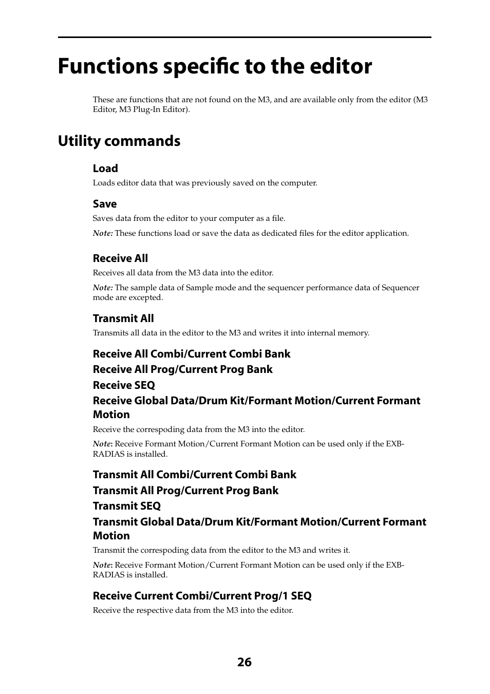 Functions specific to the editor, Utility commands | KORG M3 User Manual | Page 28 / 32