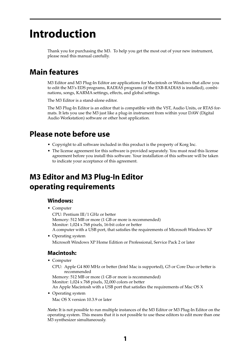 Introduction, Main features, Please note before use | KORG M3 User Manual | Page 3 / 32
