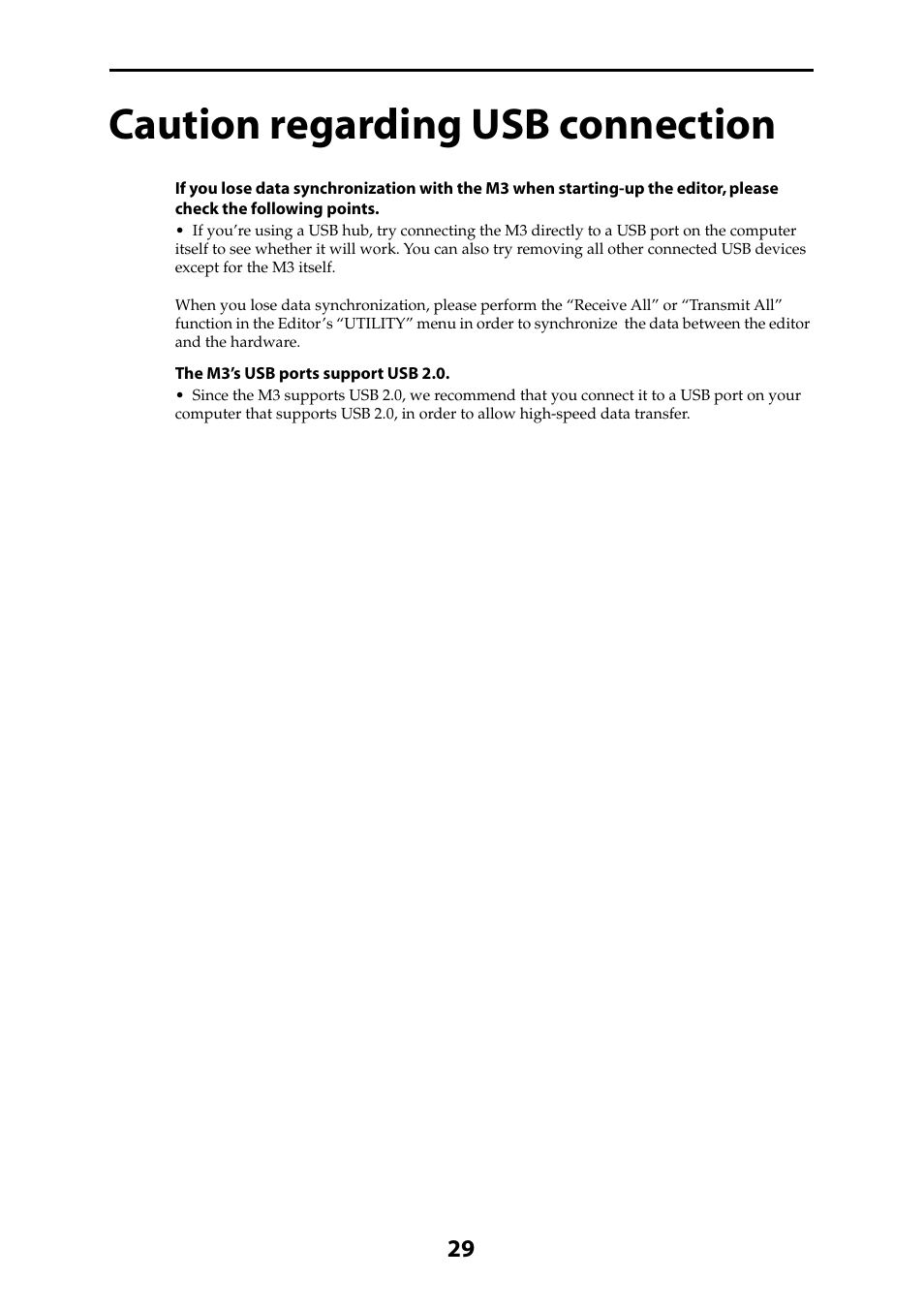 Caution regarding usb connection | KORG M3 User Manual | Page 31 / 32