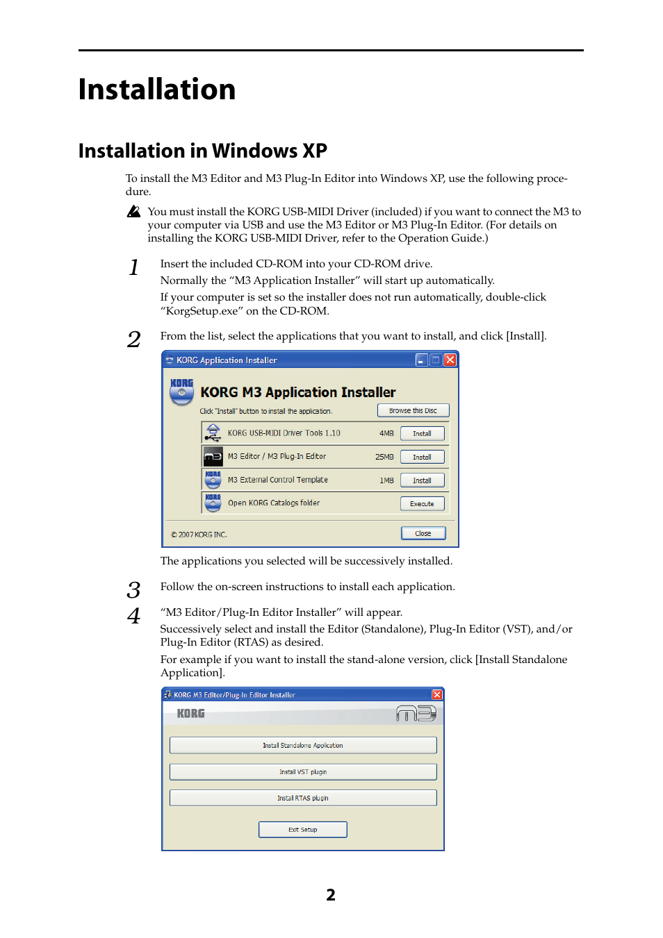 Installation, Installation in windows xp | KORG M3 User Manual | Page 4 / 32