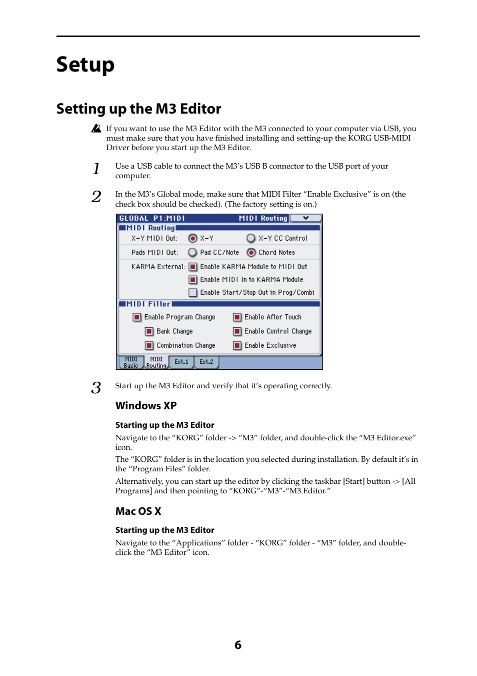 Setup, Setting up the m3 editor | KORG M3 User Manual | Page 8 / 32