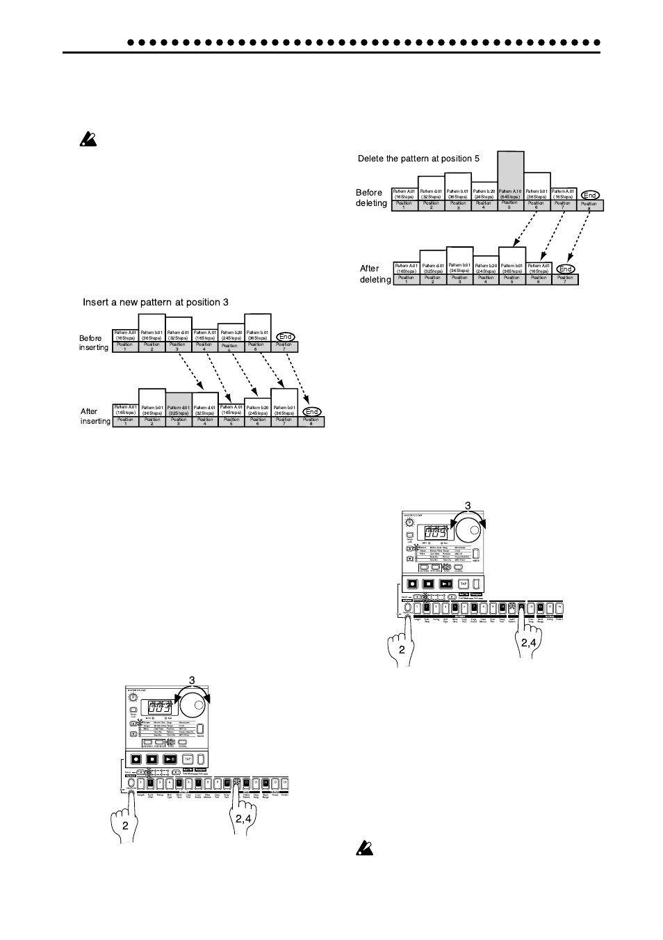 Editing a song, Changing the pattern for a specific position, Song mode | Insert a new pattern at position 3 | KORG Electribe EM-1 User Manual | Page 44 / 56
