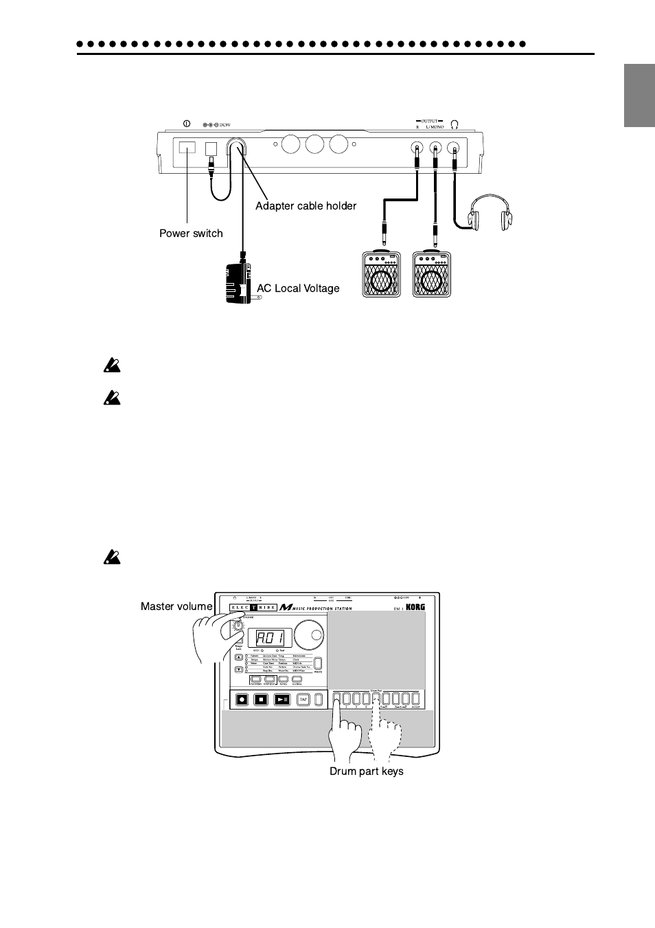 Make connections and play, Example connections, Preparing to play | KORG Electribe EM-1 User Manual | Page 7 / 56