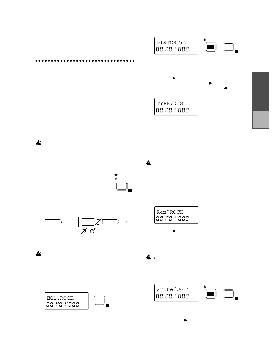 Selecting the effect program, Editing the effect, 9 rotate the [value] dial to modify the value | Saving the effect program, Efer to p.13, for saving ef, Ogram (refer to p.13) to, Chapter 2, Eg1:rock, Distort:o, Type:dist˙ ren˘rock œ write˘u01 | KORG D8 User Manual | Page 10 / 76