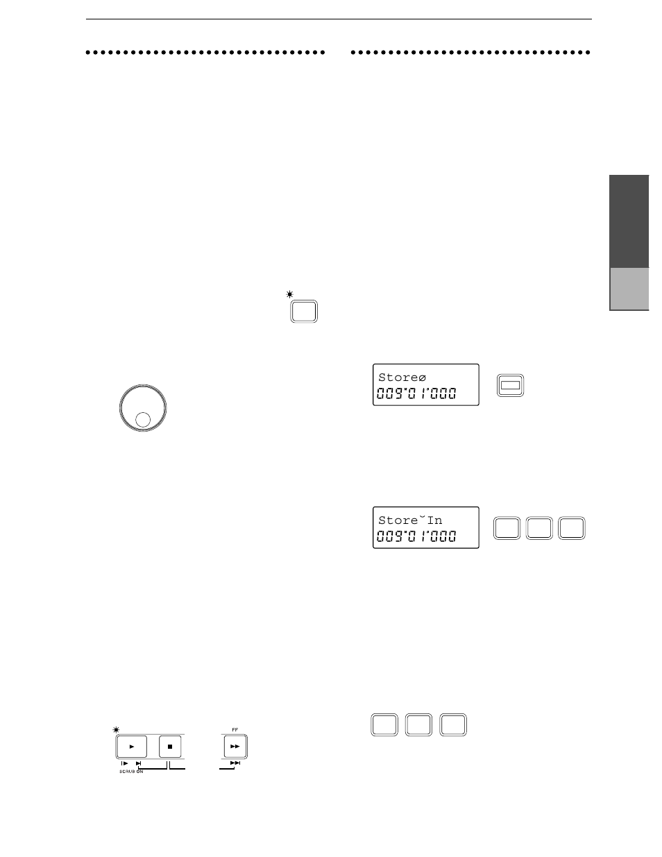 Finding a precise time location, The scrub function, Play from/play to/slow play functions | Locate points (loc1, loc2, loc3), Storing a locate point, Storing during playback or recording, Moving to a locate point, Chapter 2, Storeø, Store˘in | KORG D8 User Manual | Page 22 / 76