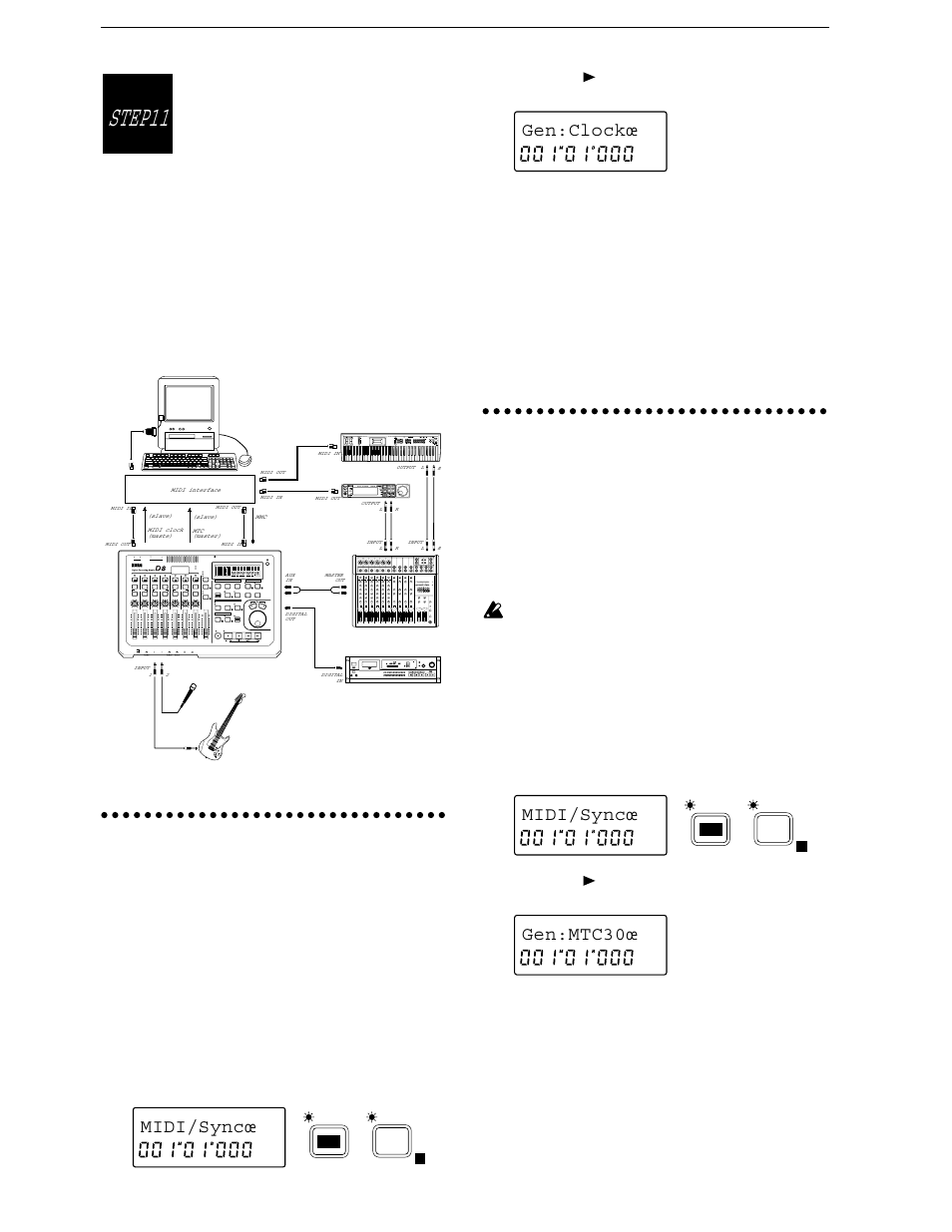 4 rotate the [value] dial to select clock, 4 rotate the [value] dial to select mtc30, Refer to p.38) | Step11, Synchronization and control with a midi sequencer, Midi/syncœ, Gen:clockœ midi/syncœ, Gen:mtc30œ | KORG D8 User Manual | Page 35 / 76