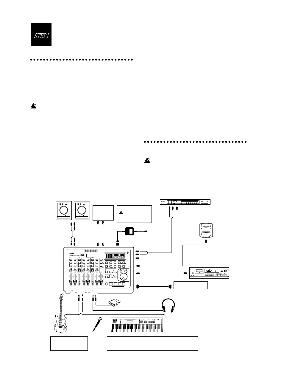 Connections to your audio system etc, 2 connect your audio equipment, Power on/off | Rec mode, Off (indicator off): normal recording, Step1, Connections, power-on, demo | KORG D8 User Manual | Page 5 / 76