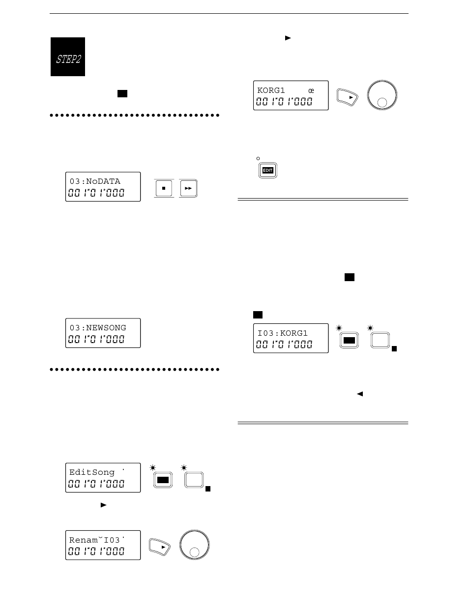 Creating a new song, Naming a song, Selecting another song | Specifies the tempo and time signature of the song, Creating and select- ing songs, Step2, Creating and selecting songs | KORG D8 User Manual | Page 7 / 76