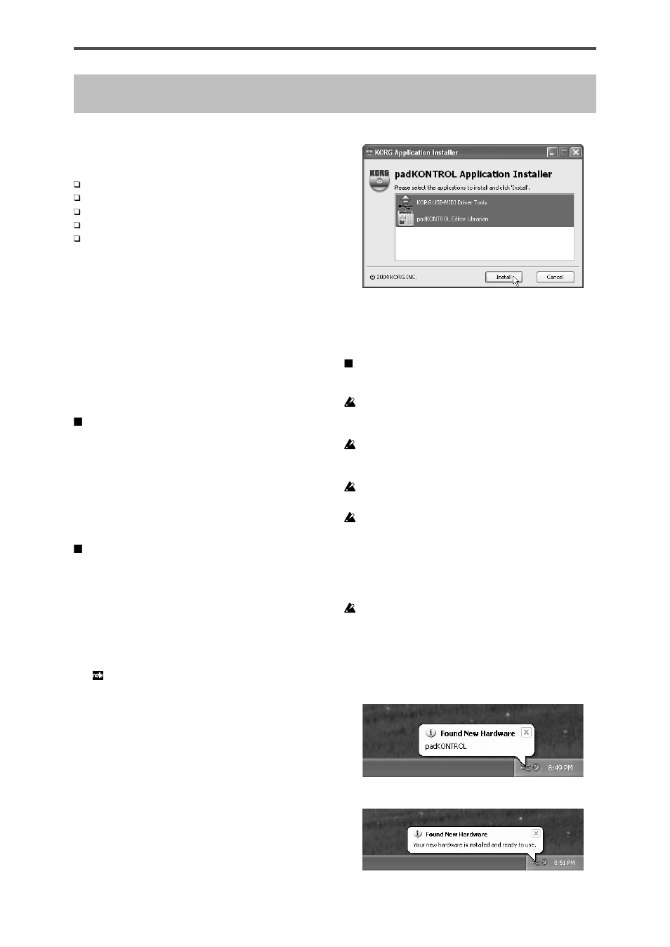 Installation du pilote usb-midi et des logiciels, Contenu du cd-rom, Utilisateurs de windows xp | Contenu du cd-rom utilisateurs de windows xp | KORG KPC-1 EFG User Manual | Page 36 / 95