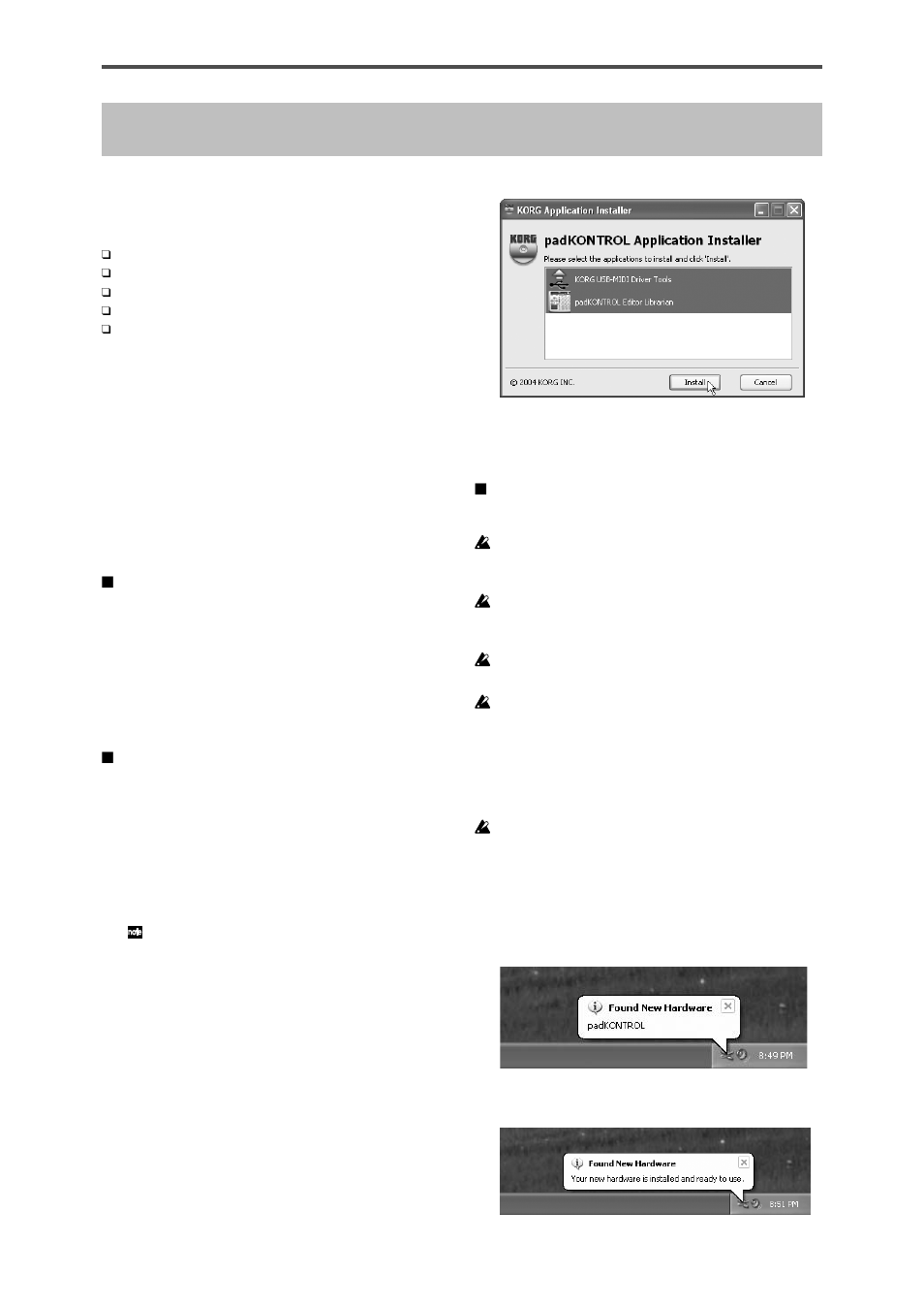 Installing the midi driver and software, Contents of the cd-rom, Windows xp users | Contents of the cd-rom windows xp users | KORG KPC-1 EFG User Manual | Page 8 / 95