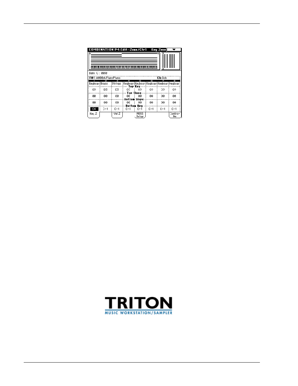 P4: edit -zone/ctrl, P7: edit -arpeggiator, P8/p9: edit -insert & master fx | KORG TRITON Musical Instrument User Manual | Page 34 / 91