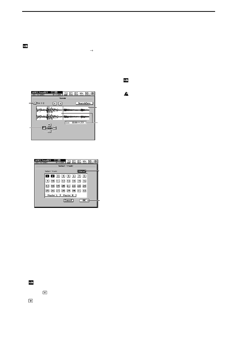 3. finding a precise location (scrub), Finding a zero-cross point, Ol the selected function | P.40, 146), 40 2-3. finding a precise location (scrub) | KORG D3200 User Manual | Page 50 / 200