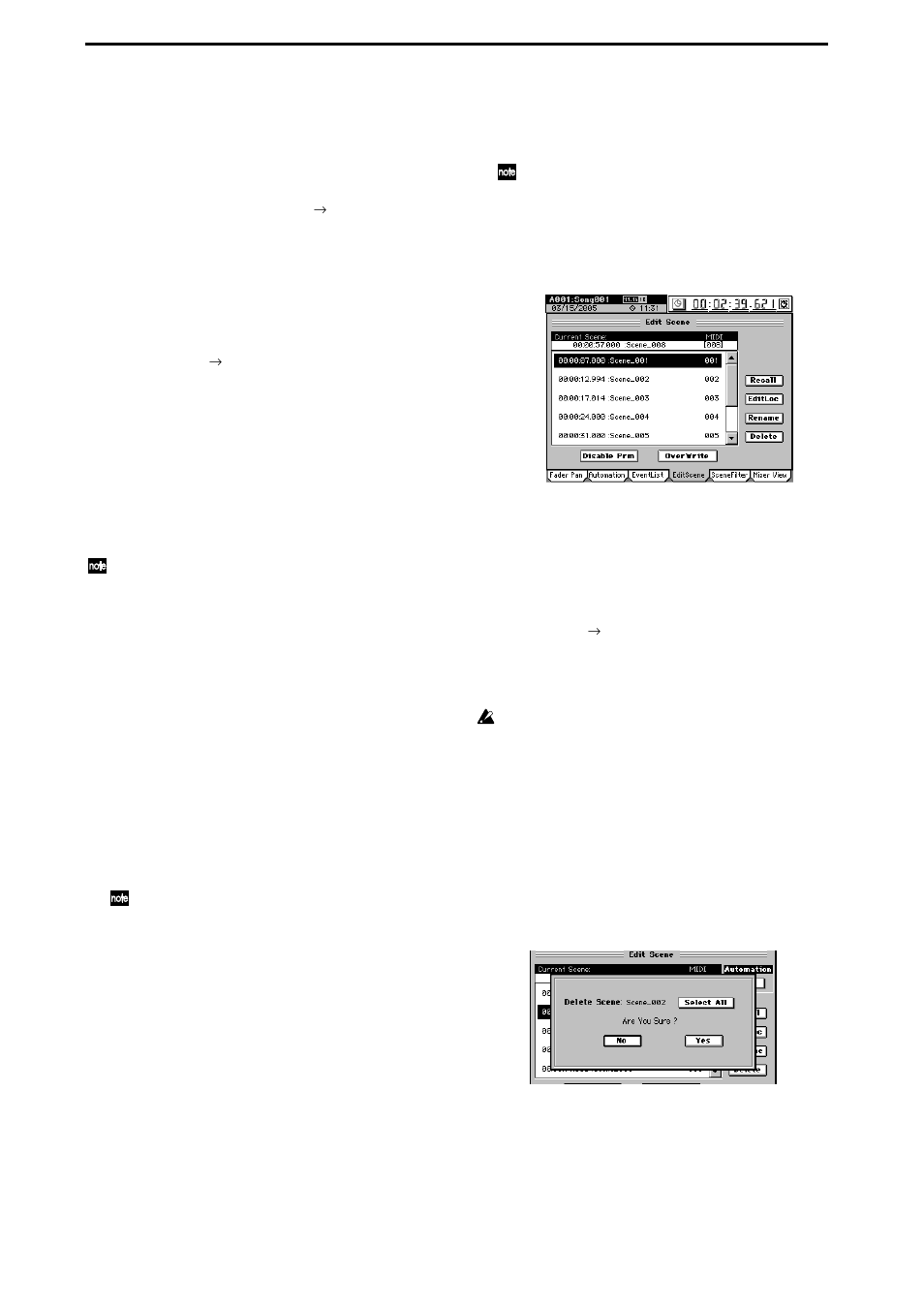 Storing/recalling a scene, 1. storing a scene, 2. recalling a scene | 3. renaming a scene, 4. deleting a scene, Ing, or deleting them, P.50, 105) | KORG D3200 User Manual | Page 60 / 200
