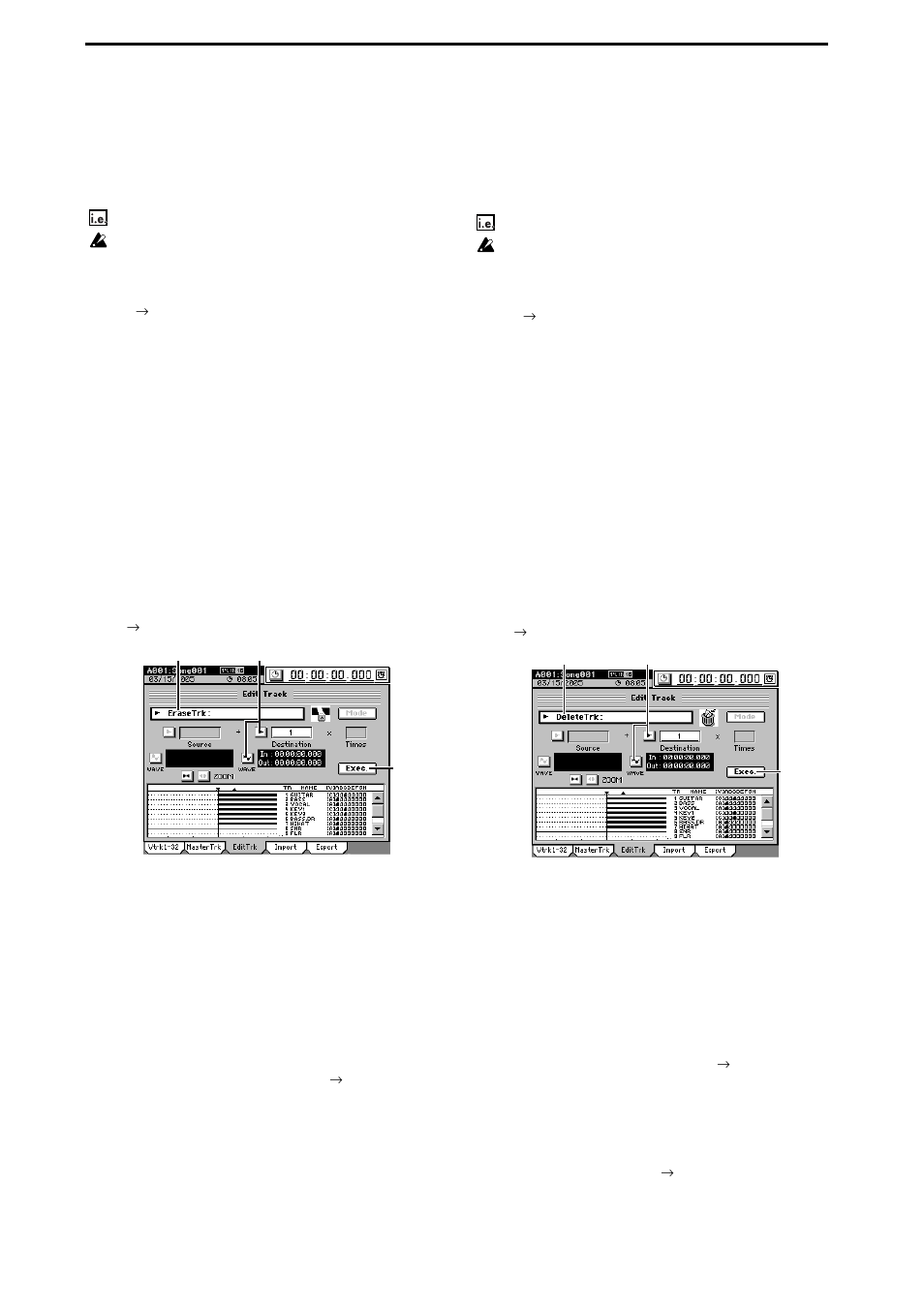 Erase a track (erasetrk), Delete a track (deletetrk), Deleting track data | Deleting all data of a track, Deleting track data deleting all data of a track | KORG D3200 User Manual | Page 82 / 200