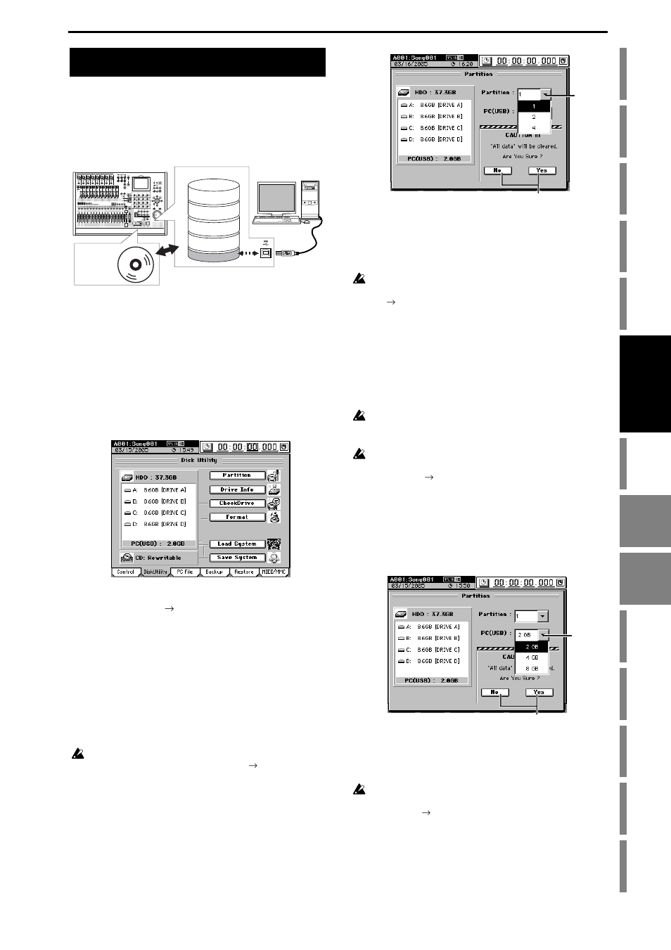 Drive, Specifying the drive size, 2. specifying the pc drive size | 1. partitioning the hard drive into separate, Song drives (partitions), Operation | KORG D3200 User Manual | Page 99 / 200