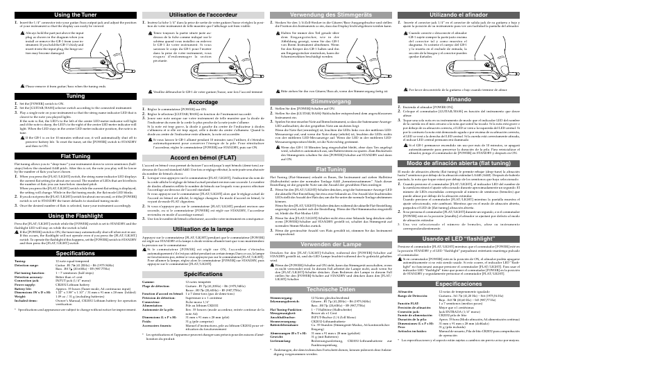 Utilizando el afinador, Verwendung des stimmgeräts, Utilisation de l'accordeur | Using the tuner, Afinando, Modo de afinación abierta (flat tuning), Usando el led “flashlight, Especificaciones, Stimmvorgang, Flat tuning | KORG GB-1 User Manual | Page 2 / 2