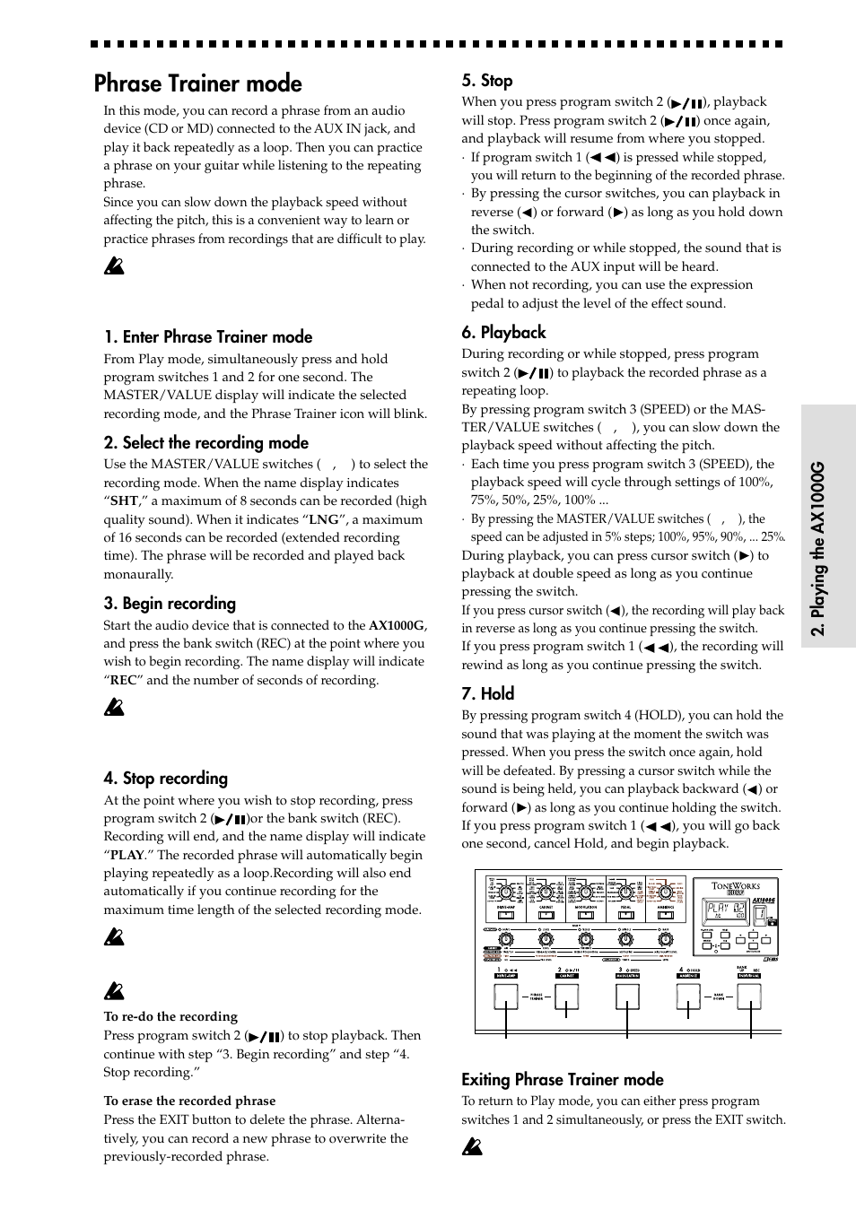 Phrase trainer mode, Enter phrase trainer mode, Select the recording mode | Begin recording, Stop recording, Stop, Playback, Hold, Exiting phrase trainer mode | KORG AX1000G User Manual | Page 11 / 23