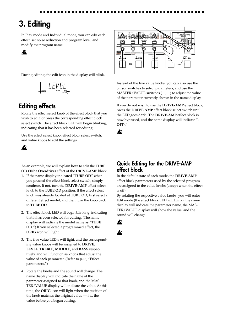 Editing, Editing an effects, Quick editing for the drive-amp effect block | Editing effects | KORG AX1000G User Manual | Page 12 / 23