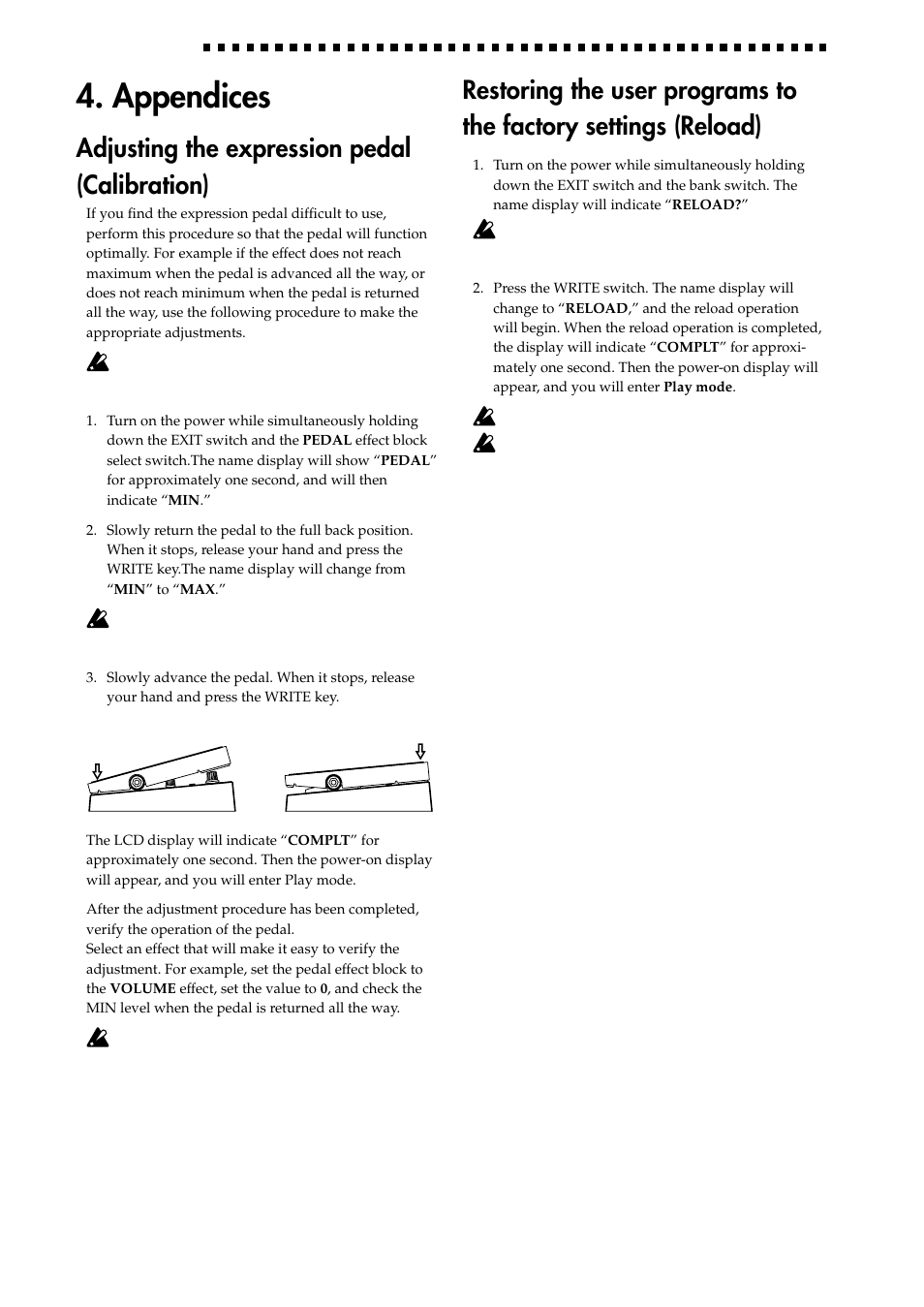 Appendices, Adjusting the expression pedal, Adjusting the expression pedal (calibration) | KORG AX1000G User Manual | Page 14 / 23