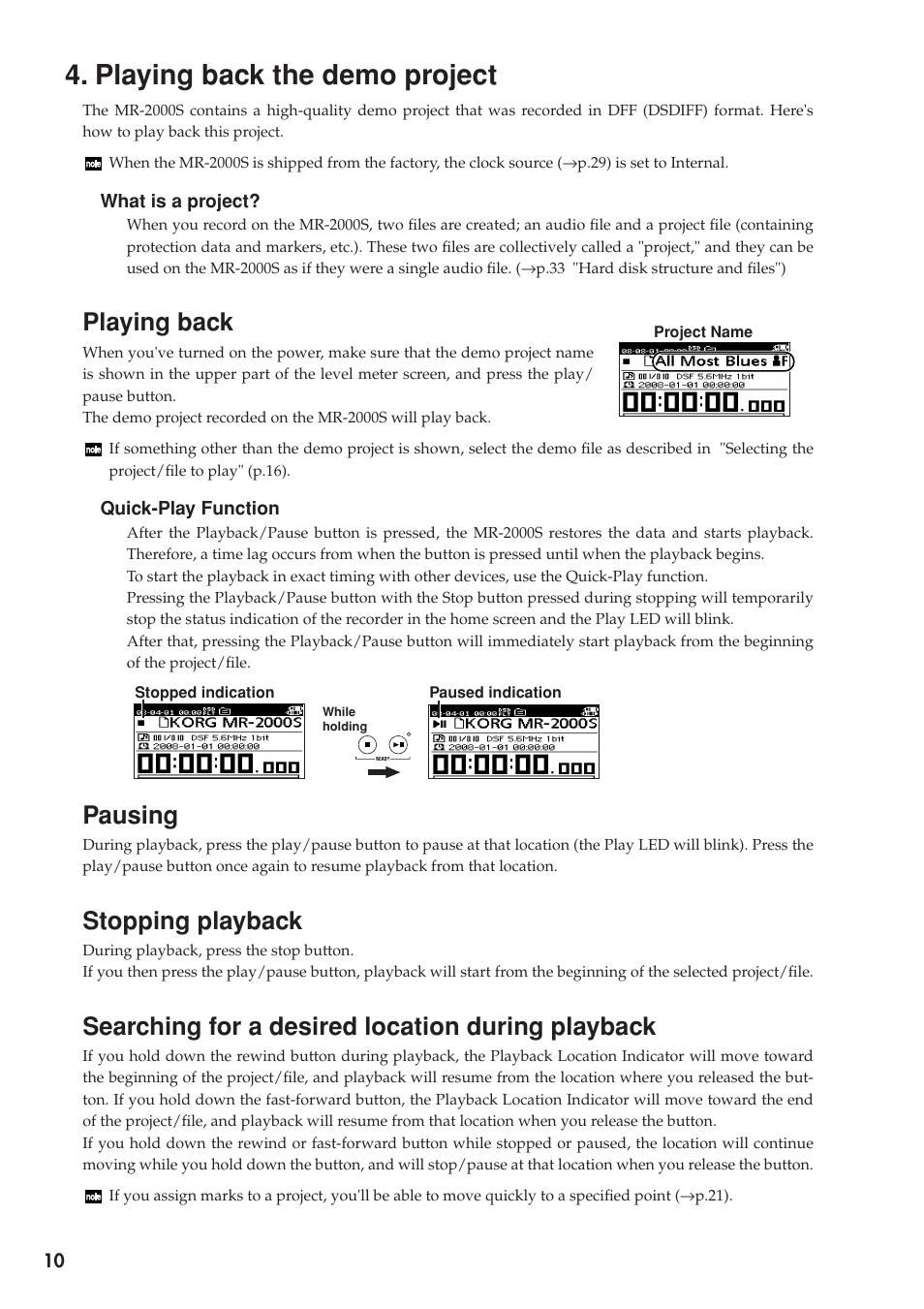 Playing back the demo project, Playing back, Pausing | Stopping playback, Searching for a desired location during playback, Searching for a desired, Location during playback, P.10)/ file or the curr, P.10) or file, and parameter settings, P.10) or file, this led will blink rapidly | KORG MR-2000S User Manual | Page 10 / 42