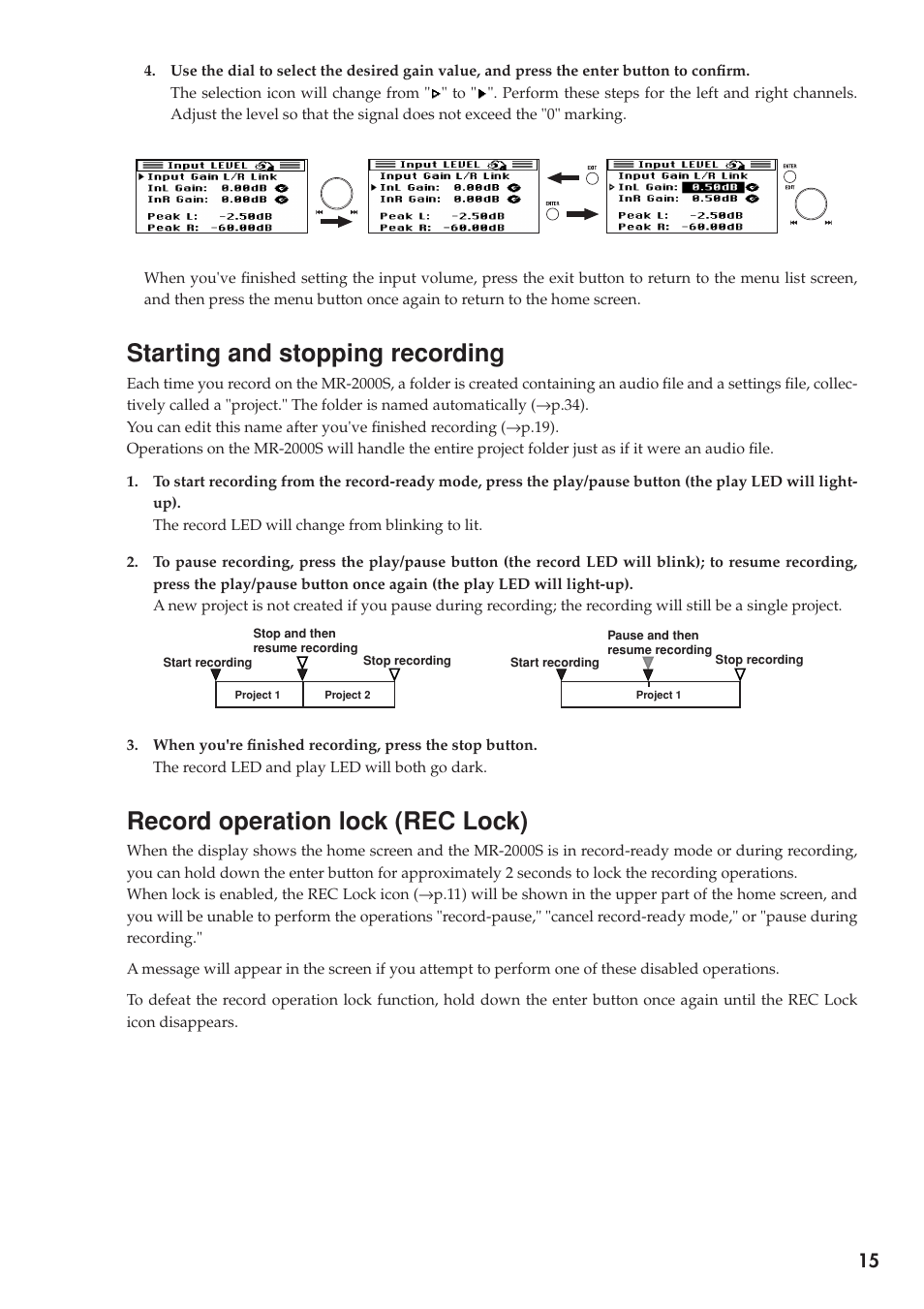 Starting and stopping recording, Record operation lock (rec lock), P.15) | KORG MR-2000S User Manual | Page 15 / 42